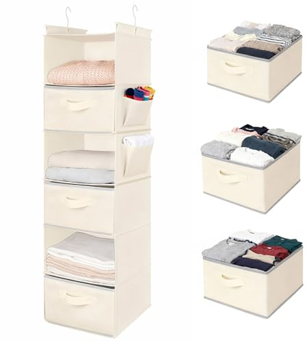 Houbobo Hanging Closet Organizer, 6-Shelf Closet Hanging Storage Shelves with 3 Removable Drawers and 2 Side Pockets, Foldable Closer Storage Organizer for Closet, Hats, Shoes, Purses, doll