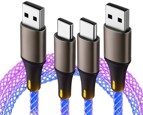 2PCS USB A auf USB C Kabel 1M 66W PD 3.0 Schnellladekabel RGB Beleuchtet, USB A auf Type C Stoffkabel Bunt Geflochten Datenübertragung, USB-C Ladekabel RGB Kompatibel mit 15/16, S25/S24, Pad, Laptop