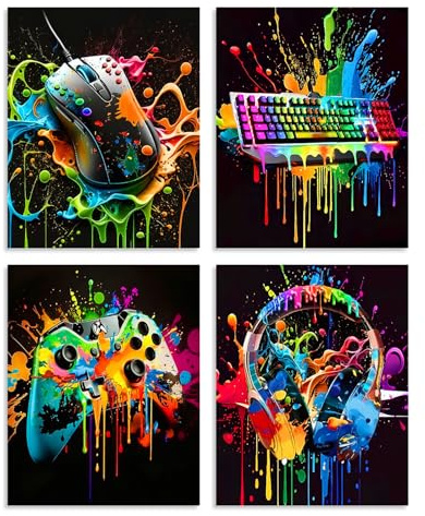 Dazzlewall 4Pcs Gamer Wall Art Prints, Vibrant Paint Splatter Gaming Gear Posters for Teen Bedroom Game Room Decor 8x10 in Unframed