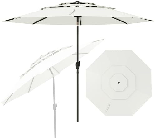 RELAX4LIFE Parasol Droit Inclinable 3M, Parasol de Jardin Extérieur 3M Rond, Toit Ventilé à 3 Couches, Inclinaison 30°, Manivelle, 8 Baleines, Protection Solaire pour Balcon Terrasse (Blanc)