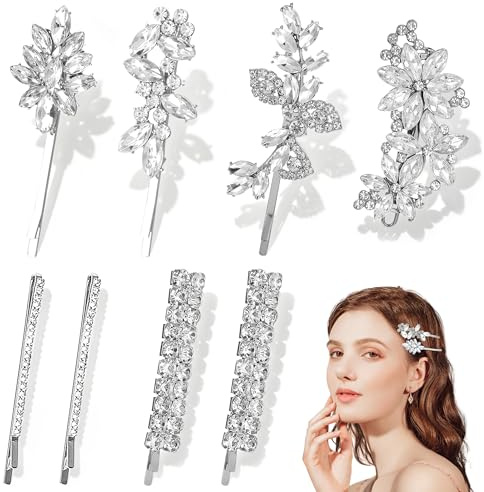 YinnFeen 8 Stück Strass Haarspangen, Braut Haarschmuck Silber, Kristall Glitzer Haarspange Rhinestone Hair Clips Sparkly Haarschmuck Hochzeit für Damen Hochzeiten Partys Alltag