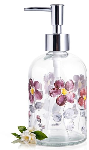 Topadorn Glas Seifenspender 500 ml, Nachfüllbarer Flüssigseifenspender mit Edelstahlpumpe, Florales Blumenmotiv für Bad, Küche und Gäste-WC, Dekorativer Handseifenspender aus Glas