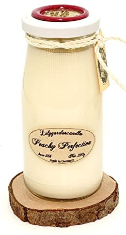 Lilygardencandles Duftkerze Pfirsich-Duft in der Milchflasche / 100% Sojawachs / 6x14cm / 56+ Stunden Brennzeit/Pfirsichduft pur