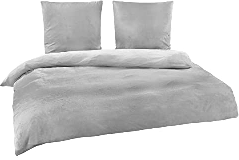 BaSaTex Winter Plüsch Bettwäsche Set Nicky-Teddy Cashmere-Touch Coral Fleece | 135x200 155x220 200x200 200x220 + 80x80 Kissenbezug | Größe: 200x200 | Farbe: Grau