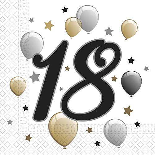 Procos 88864 - Servietten Happy Birthday, Milestone 18, 33x33cm, 20 Stück, Ballonmotiv, 18er Geburtstag, Papierservietten mit Motiv, Tischdekoration, Mundtuch, Geburtstag, Luftballons, Ballons