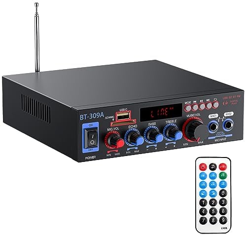 PROZOR Amplificatore Audio 800W HiFi Stereo Bluetooth 5.0 Power Amplifier con Telecomando Volume Regolabile Supporta AMP Digital Sound Radio FM Radio TF SD Card Due microfoni per Auto e Casa