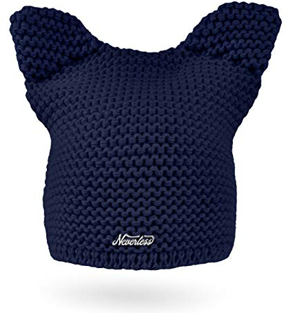 Neverless® Damen Strickmütze Katze Katzenohren Winter-Mütze Grobstrickmuster Strick-Beanie Navy