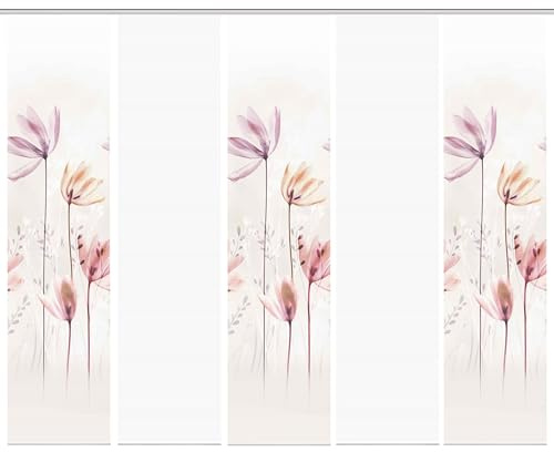 HOME WOHNIDEEN 95067 | 5er-Set Schiebegardine 'KUKAT', Digitaldruck auf Bambus-Optik, mit abstraktem Blumen-Motiv, 260x60cm, Farbe: Natur