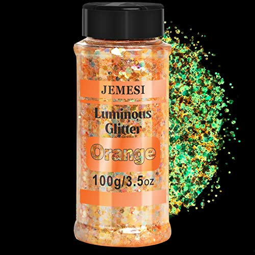 Lumineuse Paillettes, 100g Fluorescent Paillette pour Visage, Qualité Cosmétique Paillette pour Corps, Cheveux, DIY Résine époxy, Art de fête du festival et plus - Orange