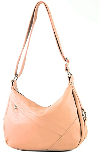 modamoda de -T164 - ital Schultertasche Umhängetasche aus Leder, Farbe:Rosabeige
