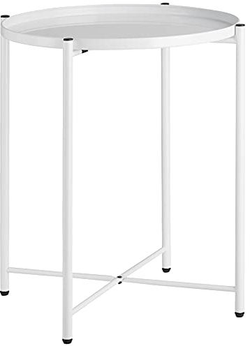 tectake® Tisch rund, Beistelltisch Metall, Kleiner Tisch, Couchtisch Coffee Table für Wohnzimmer, Nachttisch Schlafzimmer, Balkon Möbel, abnehmbare Tischplatte - weiß