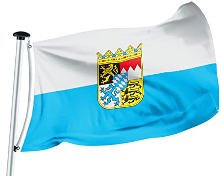 FLAGLY Premium Flagge Bayern-Streifen mit Wappen 100x150cm -115g/m² Stoffgewicht - gedruckt, robustes und witterungsbeständiges Glanzpolyester mit Ösen (100 x 150 cm, Bayern-Streifen mW)