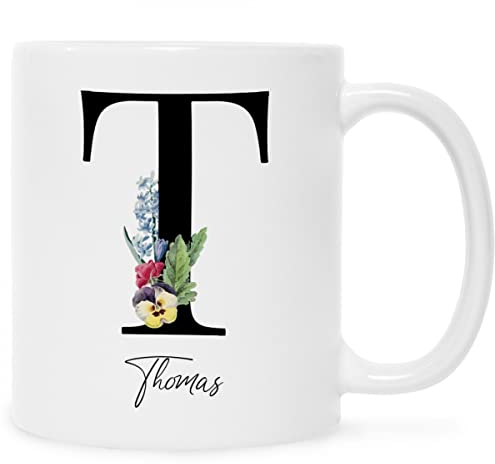 Bedruckte Tasse mit Personalisierung des Namen & Anfangsbuchstaben - im Floral Design - Geschenk für Mama Papa Freunde Geburtstag Muttertag Valentinstag Weihnachten - für Sie & Ihn Farbe Weiß