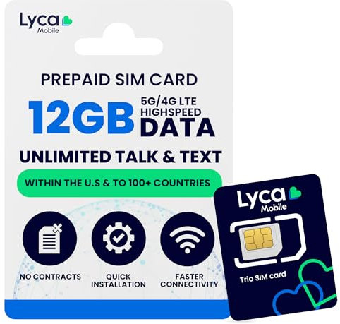 Lycamobile 60 Tage Prepaid-SIM-Karte für Mobiltelefone, 12 GB Highspeed-4G-LTE/5G-Daten, Internationale Gespräche und SMS in über 100 Länder, schnelle Aktivierung, 3-in-1-Dreifachschnitt