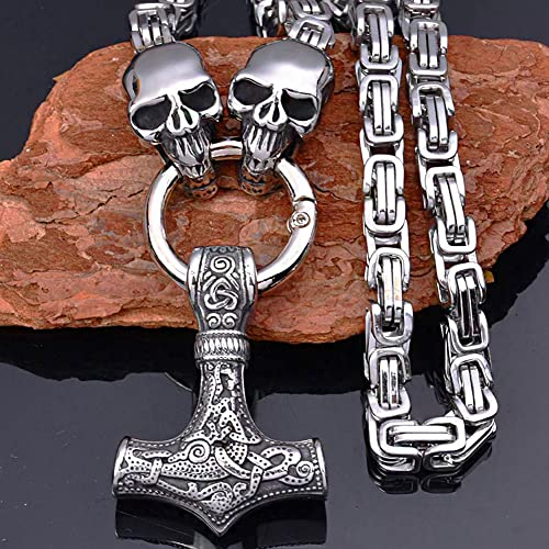 Men Thor's Hammer Viking Necklace, Silver Stainless Steel Nordic Mythology Mjolnir Amulet Pendant Jewelry, Multiple Style Animal Head Square King Chain,Skull 1,70 cm