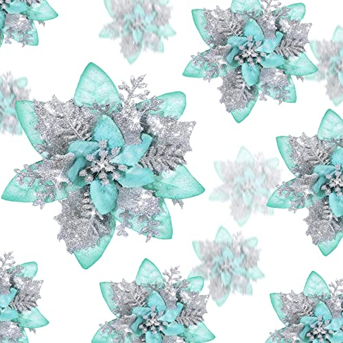 36 Stück Glitzer Künstlich Weihnachtsstern Blumen Weihnachten Poinsettie Künstlich Hochzeit Blumen Dekoration Weihnachtsbaum Ornamente mit Clips, 6 Zoll, 4 Zoll, 3 Zoll (Silber und Grün)
