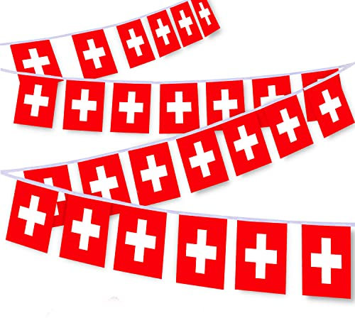 MacLand 30 Stück Schweizer Flaggenschnur, 90 m, Schweizer Wimpelkette, Dekorationsbanner für den Innen- und Außenbereich, Terrasse, Hof, Dekoration