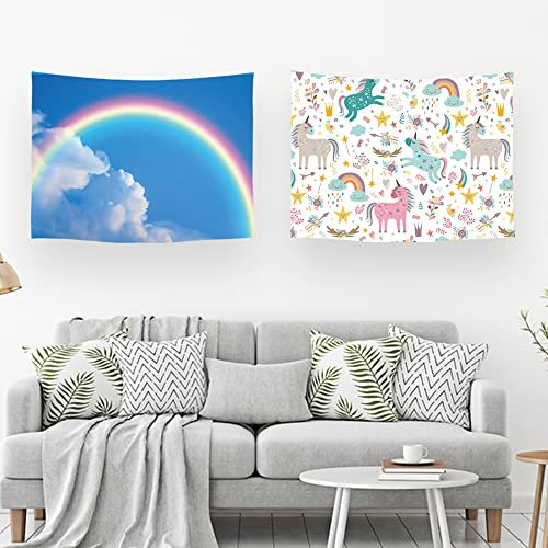 Ulticool – Wandteppich Dekoration Wohnung - Regenbogen Unicorn Einhorn - Weiß Rosa Blau - Set von 2 Motiven – 73 cm x 95 cm - Wandtuch - Accessoires für Schlafzimmer Wohnzimmer Kinderzimmer