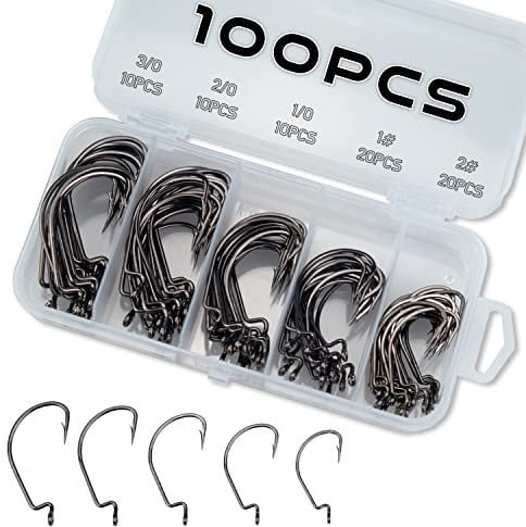 Piscorush Offset Worm Jig Hooks Bass Fishing Hooks 3X-Strong High Carbon Steel Worm Hooks Soft Lure Baits Jigging Fish Hooks Bass Trout (Set A - 2# 1# 1/0 2/0 3/0 100Pcs)