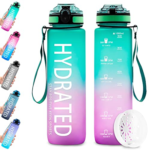 Bupoly Water Bottle 1L, Motivational with Time Marker and Filter, Sports Drinks BPA Free tritan Leak Proof for Gym, School, Cycling, Outdoor, Sports, Fitness& Office (Green Purple)