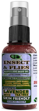 Insect Repellent with Lavender & Tea Tree Essential Oil Repellent Against Chiggers (Red Bugs) Fleas, Moths, Ticks, Mosquitos and Cutworms for Body Oil Deet Free (10ml Spray)