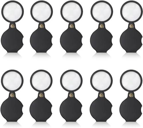 Hiceeden 10 Stück 10 x Taschenlupe, Kleine Lupe mit Schwarzem Leder Drehbarer Schutz, 55mm Effektiver Durchmesser Handlupe, Faltlinse zum Lesen, Wissenschaft, Schmuck, Hi-PocketMagnifier-10p