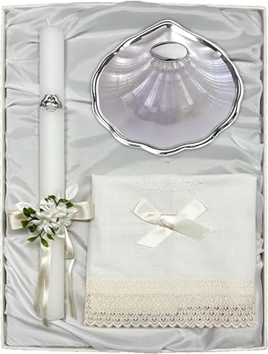 Estuche de Bautizo de Vela con Lazo, Paño de Lino y Concha Bautismal bañada en Plata de Ley 925‰. Con apliques Laminados y Personalizados. (09669-S)
