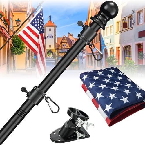 Barcetine Kit per asta portabandiera con bandiera americana 3 x 5 – include asta per bandiera americana da 1,5 m, resistente alle intemperie, 3 x 5 cm, staffa di supporto in alluminio, per esterni