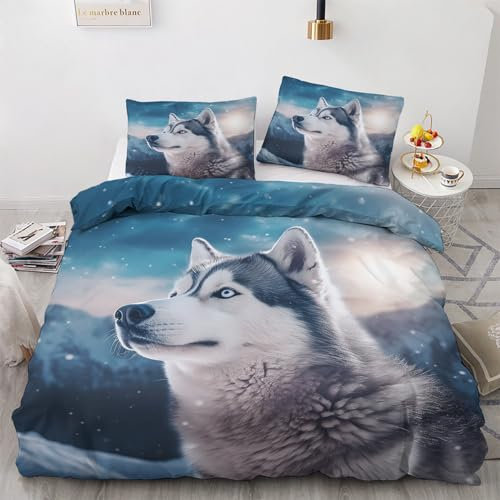 GEDAEUBA Husky Bettwäsche 135x200 - Hunde Bettbezug 135 x 200 2er Set, Wendebettwäsche und Kissenbezug 80x80, Weiche & Angenehme Mikrofaser Bettwäsche-Sets mit Reißverschluss
