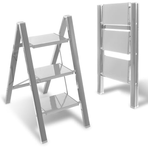 Joparri Escalera plegable de 3 peldaños, de aluminio, con pedal ancho antideslizante, ligera, para el hogar, la oficina, el almacenamiento portátil, pintura y macetas