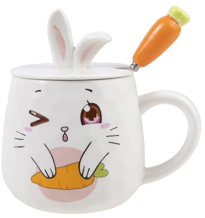 lachineuse - Tasse Lapin Coquin - Collection Bunny - Couvercle Oreilles de Lapin et Cuillère Carotte - Porcelaine et Métal - 425 ML - Café, Thé, Chocolat, Cappuccino - Idée Cadeau Originale