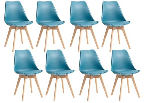 TTATC Lot de 8 Chaises de Salle à Manger avec Pieds en Bois de Hêtre Massif, Chaises de Cuisine au Design Rétro, Chaises de Bureau en Bois avec Siège Rembourré, Vert Encre