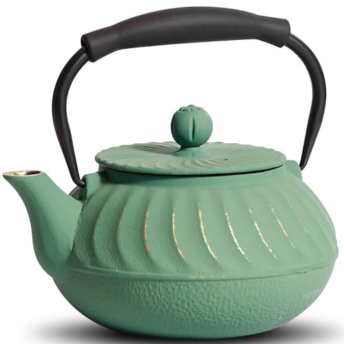 GUANGHEIRON Teiera in ghisa, 680,4 g, cassaforte con infusore per tè e caffè, teiera giapponese con motivo a conchiglia rivestita con interno smaltato, manico in silicone, 700 ml, verde