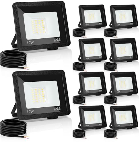 Izrielar 10W Projecteurs LED Extérieur, 10x Spots Super Lumineux, 3 Températures de Couleur Réglables, Projecteur IP66 Imperméable pour Cour, Hôtel, Terrain de Sport, Garage, Jardin