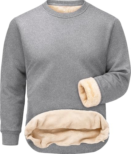 Tansozer Winter Jumpers for Men Thick Fleece Work Tops Warm Sweater Weather Sherpa Pullover Heat Sweatshirt Classic Plain, Light Grey, XL