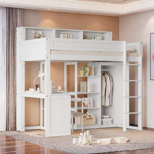 Letto a soppalco 90 x 200 con tavolo e armadio, letto a castello per bambini con ripiani e scala a quattro livelli, letto singolo con contenitore, pino+MDF+compensato, bianco