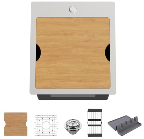 Kitchen Sink Workstation, 15x17 in Stainless Steel Drop in Bar Sink Modern Small Single Bowl Kitchen Sink Gift Combo-SS Grid,Colander,Cutting Board,Drain Assembly for Various Kitchen and Bar Style