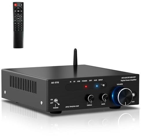Amplificatore Stereo Hifi, Audio Stereo Amplificatore Bluetooth Radio Portatile per Auto o Casa, Home Theatre con Telecomando ed Mini Amplificatore Hifi Display 2CH LCD, 12 V / 220 V