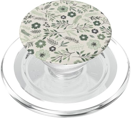Sage Green Botanical Flowers and White Berry Floral Pattern PopSockets PopGrip for MagSafe