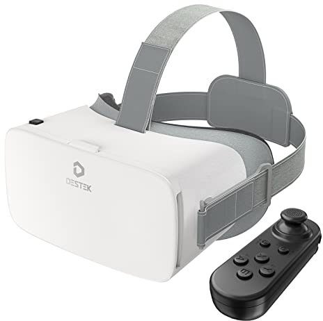 DESTEK V5 Gafas de Realidad Virtual para Teléfono, Lentes HD Antiblu, 110°FOV con Controlador Bluetooth, Gafas VR para iPhone, Samsung y Android (Pantallas de 4.7-6.8 Pulgadas) - Blanco