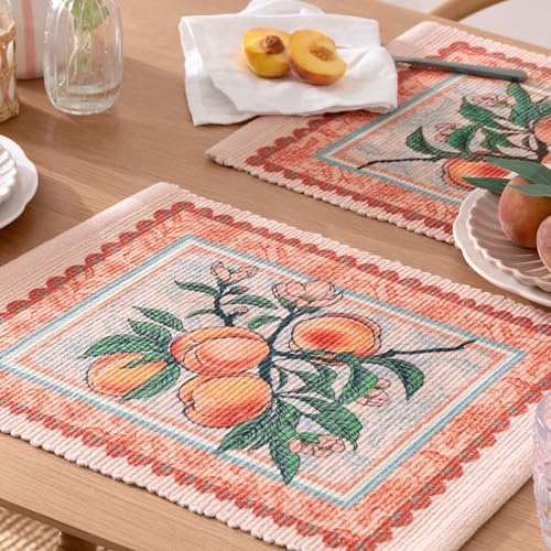 furn. Anemone Peaches Placemats – Indoor/Outdoor Washable Jacobean Floral Fruit Set of 4 Quick Drying Table Mats (Multicolour - 46x36cm), Peach