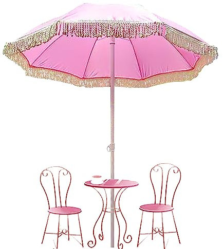 Pink Fringe Parasol 160cm Stylish Outdoor Patio Umbrella with Tassel Perfect for Cafe and Garden Leisure