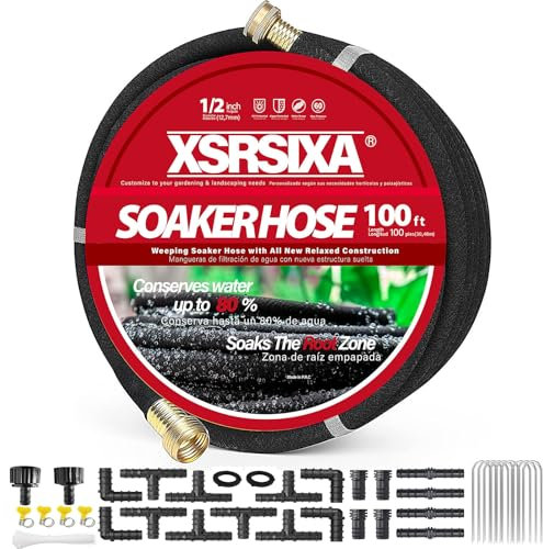 XDRSIXA 100FT Heavy Duty Soaker Hose – 1/2 Ultra-Flexible Rubber with Reinforced Core, 20% Stronger Stretch & Even Water Flow for Gardens, Lawns, Raised Beds (Drip Irrigation Hose Kit)