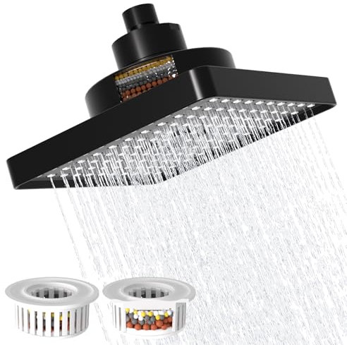 Rain Shower Head with Filtered, 6 Inch Square Filter Showerhead High Pressure Overhead Replacement, Fixed Shower Head Adjustable with Swivel Ball, 2 Filter, Matte Black