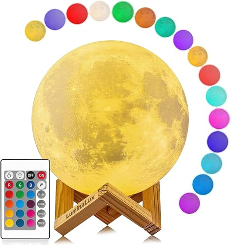 LuminaLux Moon Lamp 2025 3D Printing Night Light 16 Colors RGB LED with Wooden Stand Remote & Touch Control Dimmable USB Rechargeable Gift for Bedroom, Living Room, Party, Romantic Lighting Decoration