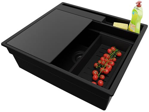 PRIMAGRAN Evier Cuisine en Granit Tout Noir 58x53cm, Lavabo 1 bac + Kit de Vidage + Planche à Découper, Évier à Encastrer al mueble 60cm - Oslo Pocket S218