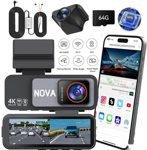 NOVA TECH Dash Cam Front Rear, 4K/2.5K Full HD Dash Camera for Cars, Included 64GB Card, Built-in Wi-Fi GPS, 3.18” IPS Screen, Night Vision, 170°Wide Angle, WDR, 24H Parking Mode (Free HardWire Kit)
