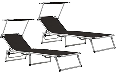Myheimly Klappbare Sonnenliegen Gartenliege Relaxliege Gartenmöbel Liege Strandliege mit Dach 2 STK. Alu Textilene Schwarz