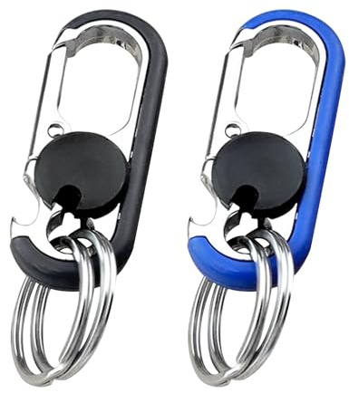 HUMJITUN Lot de 2 porte-clés mousquetons avec décapsuleur, design à double anneau en métal, 6,8 cm, noir et bleu