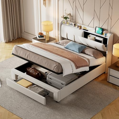 JYNVO Polsterbett 140x200 cm mit Stauraum, LED Beleuchtung und USB Ladeanschlüsse, Stauraumbett mit Schubladen, Bett mit Lattenrost, Cremeweiß, Samt, ohne Matratze